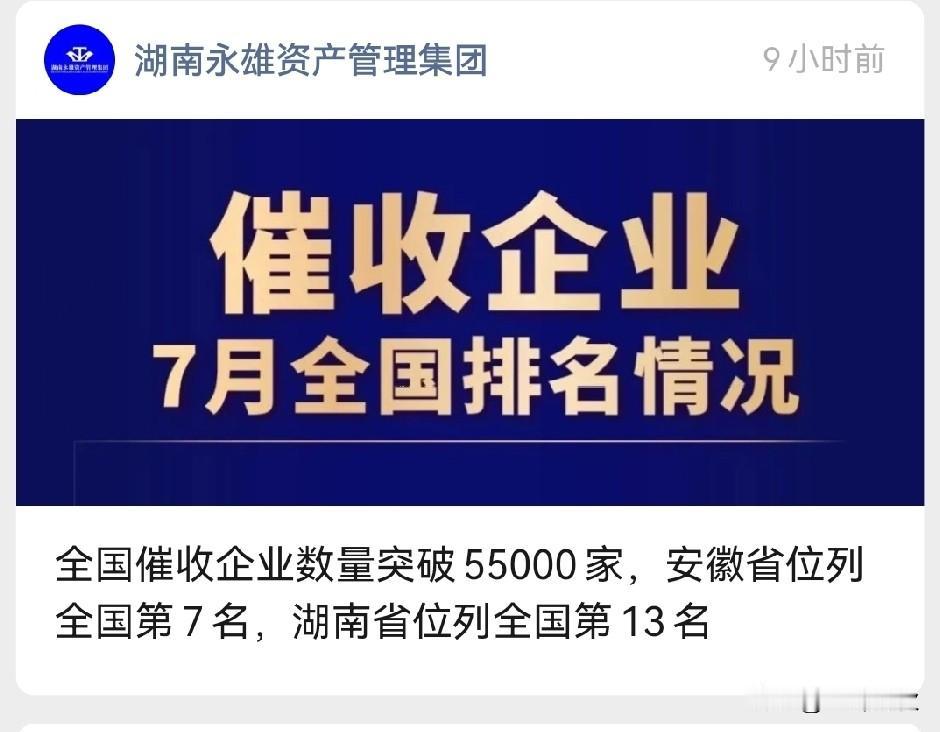 湖南永雄资产管理集团以一公司之力提升了湖南在全国催收行业的排名。7月份全国排行榜