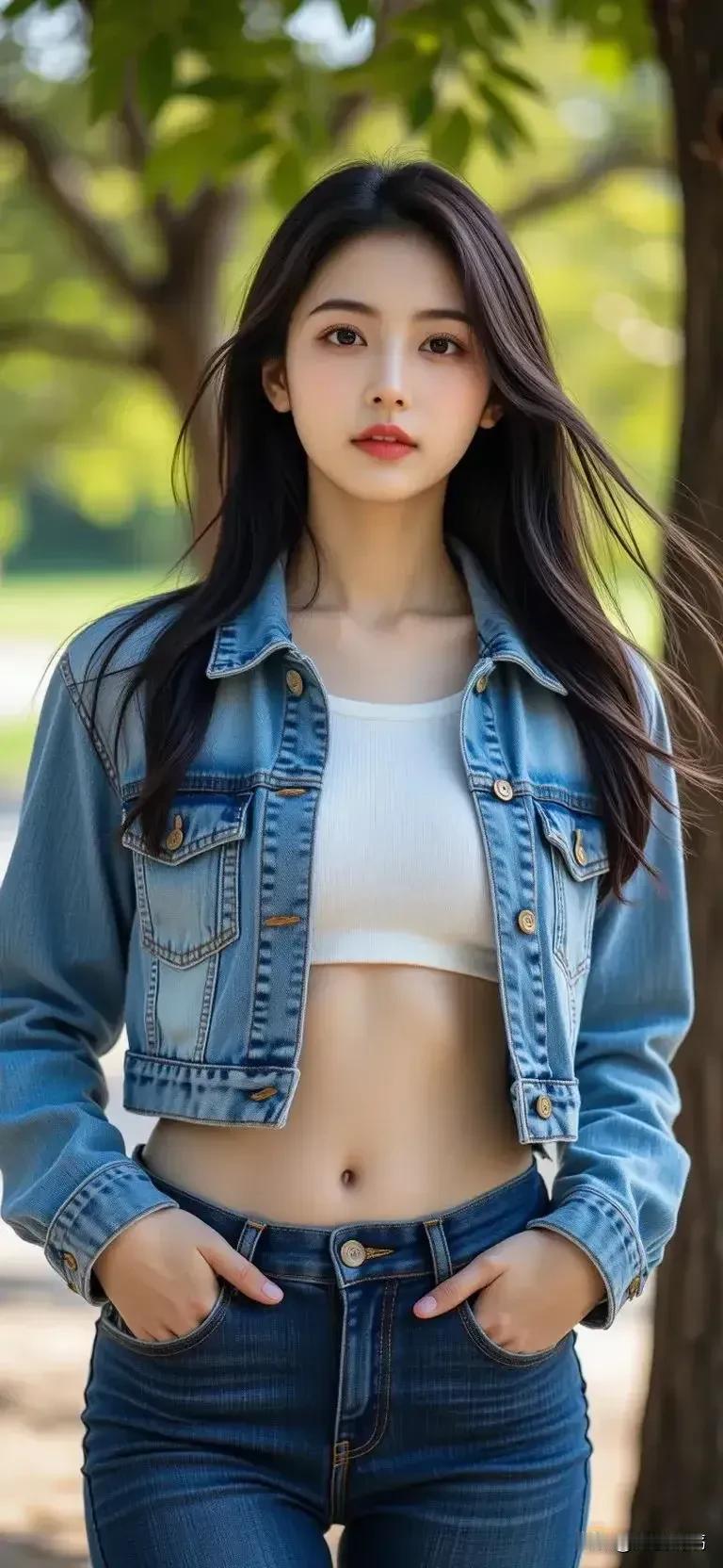 阳光明媚的午后，牛仔少女轻抚腰间，自信满满！🌞💃分享迷人的佳人 肤白貌美养眼