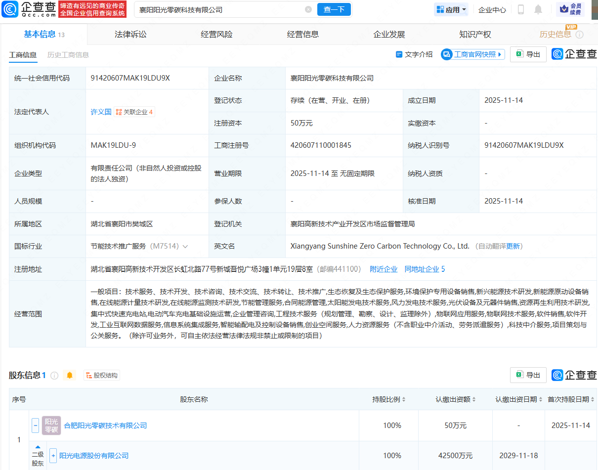 阳光电源新设零碳科技公司，含生态保护服务业务