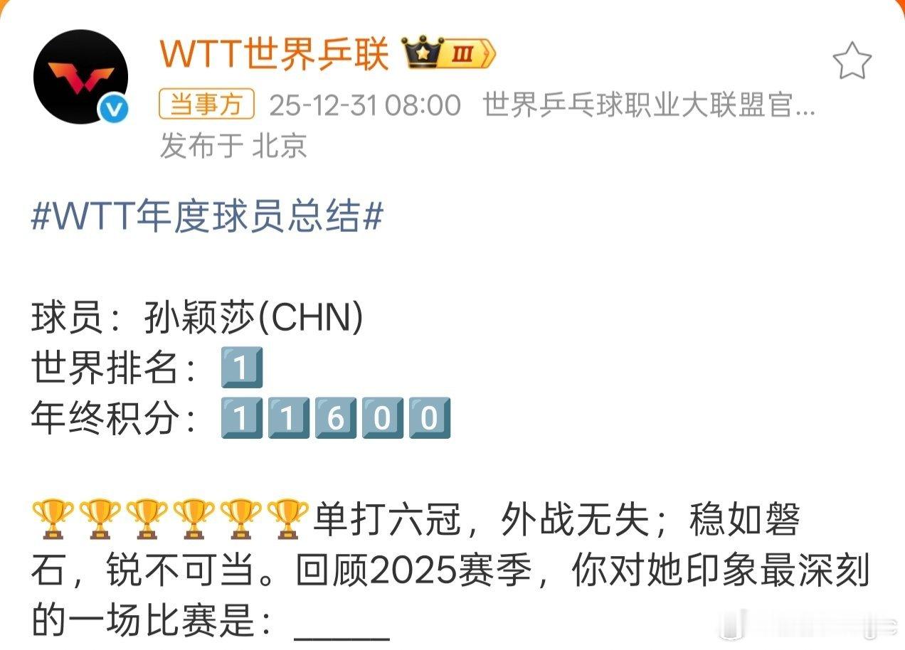 WTT发布孙颖莎2025年度总结  WTT发文：孙颖莎世界排名第一，年终积分11
