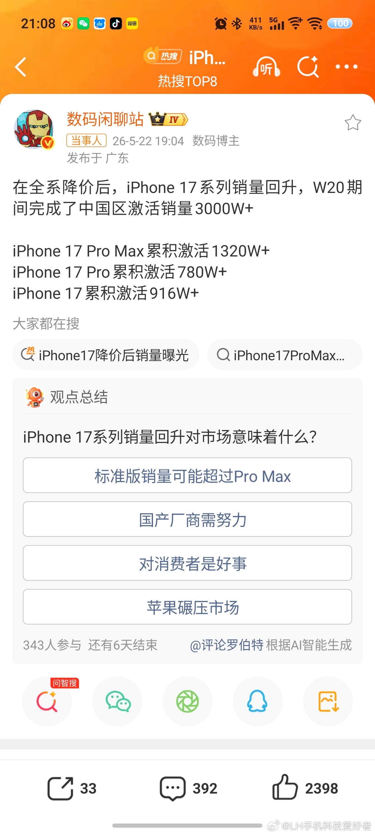 iPhone17系列降价后销量iPhone17系列降价效果显著，销量又提升了。截