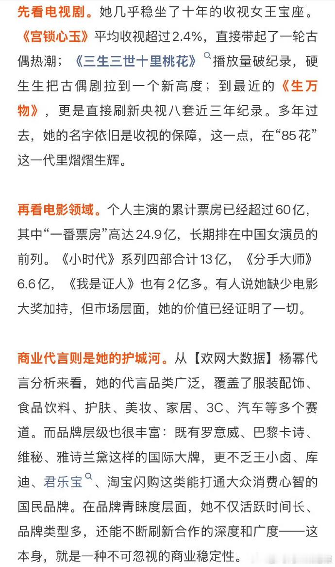 针对杨幂的成长分析报告，着重呈现她长期积累的历程，否定逆袭和翻红的标签，凸显稳定
