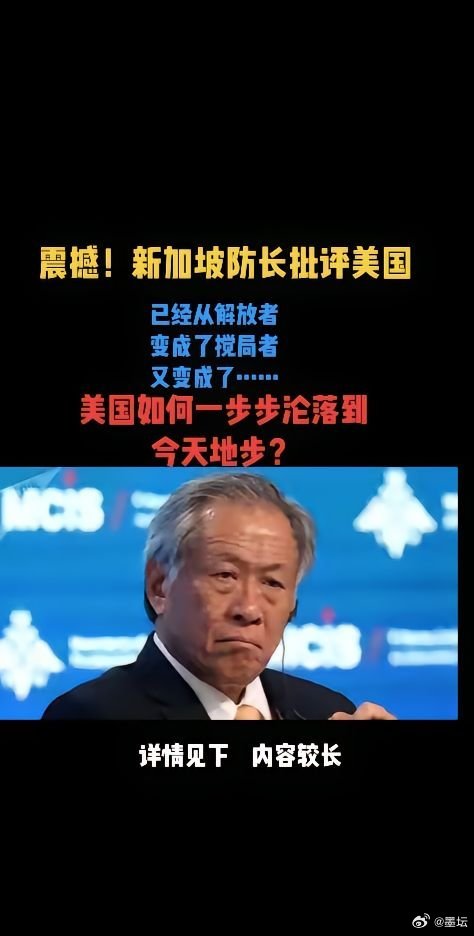 新加坡国防部长黄永宏在第61届慕尼黑安全会议上指出，美国的形象已经从解放者，变成