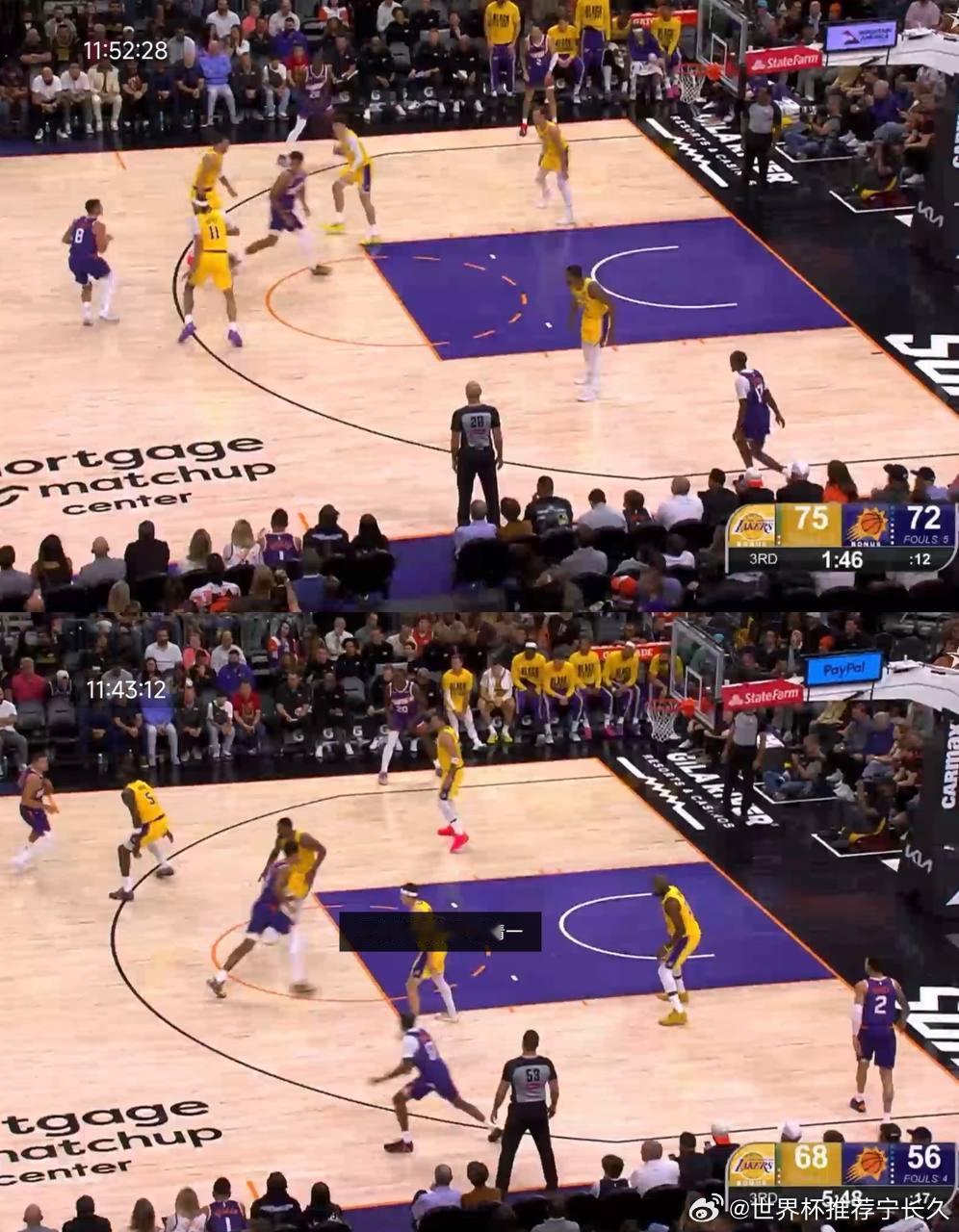 湖人vs太阳 太像了， 实在太像了！卢卡强投三分不中，对面两分，过来失误，对面三