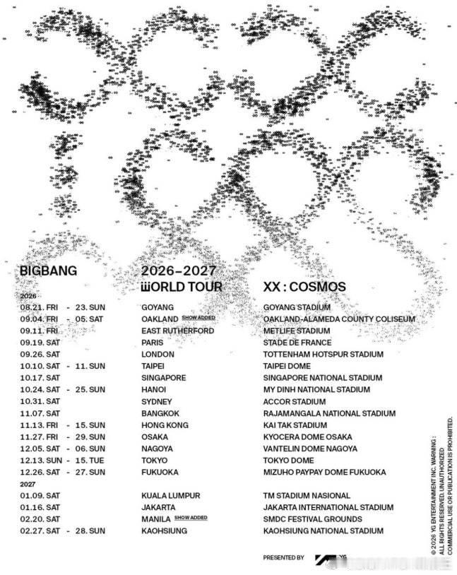 BIGBANG 2026-2027世界巡回演唱会-XX：COSMOS海报公开。 