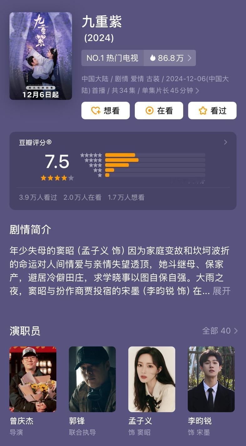 孟子义李昀锐九重紫豆瓣开分7.5，纯纯黑马一枚 