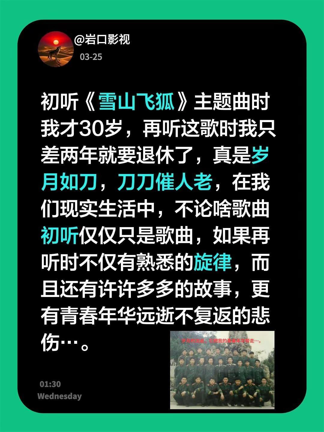 我评论了@黄桷坪老火锅芹菜 的作品：初听《雪山飞狐》主题曲时我才30岁，再听这歌