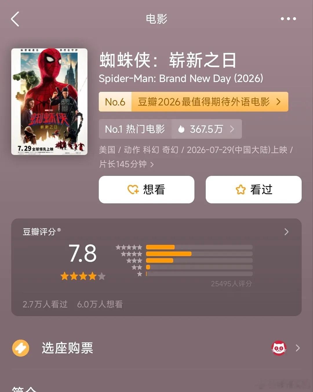 《蜘蛛侠:崭新之日》豆瓣开分7.8，p2荷兰弟系列目前的评分 
