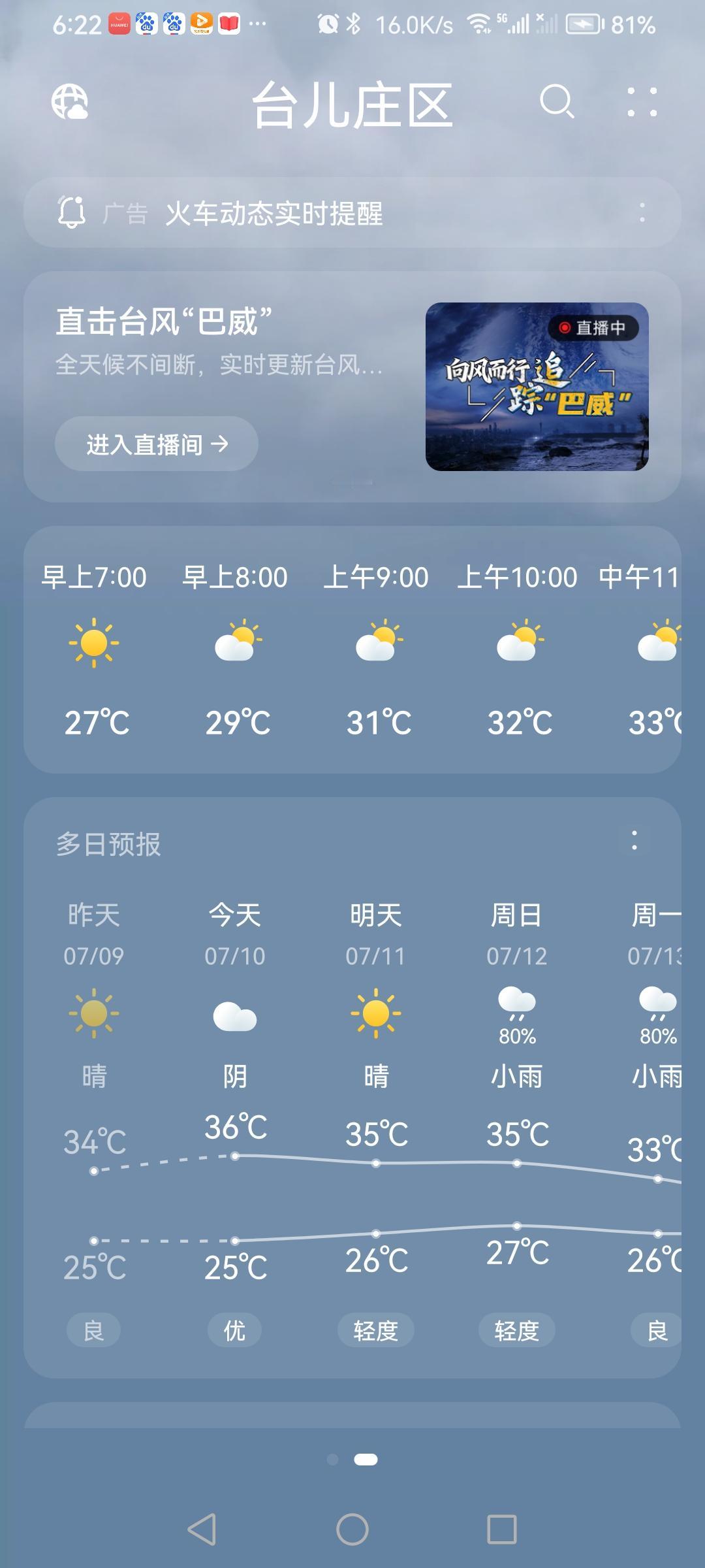 “7.10”星期五，天气预报“阴”。炎热的盛夏。气温25—36。
