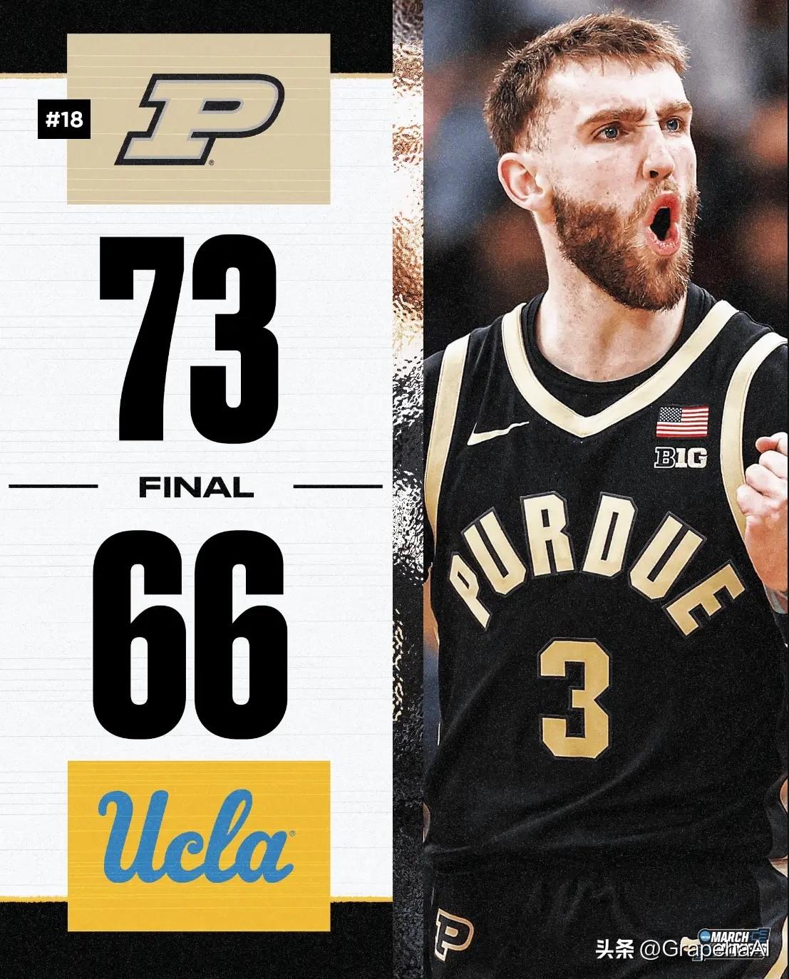 今日BIG 10赛区（NCAA）半决赛，全美第18的普渡大学以73-66击败加州