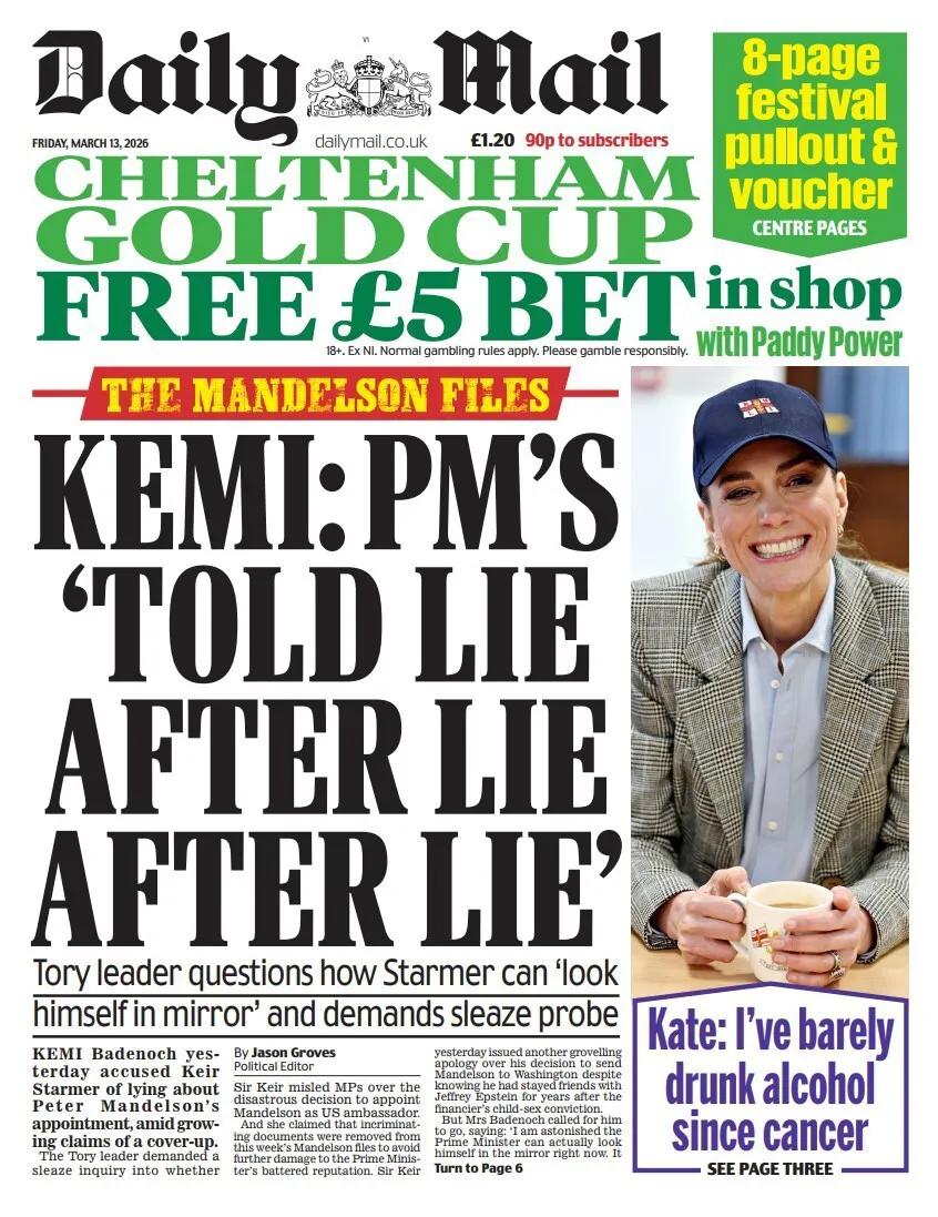 据《每日邮报》报道，英国保守党领导人凯米·巴德诺克指控现任英国首相（工党领导人）