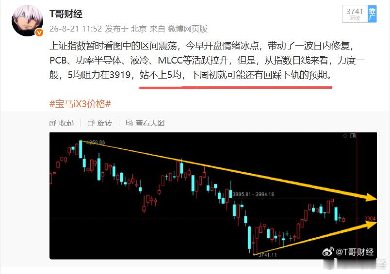 延续上周五的观点，大盘没有站上5日均线，今天顺势做了下探，黄线支撑附近有反弹预期