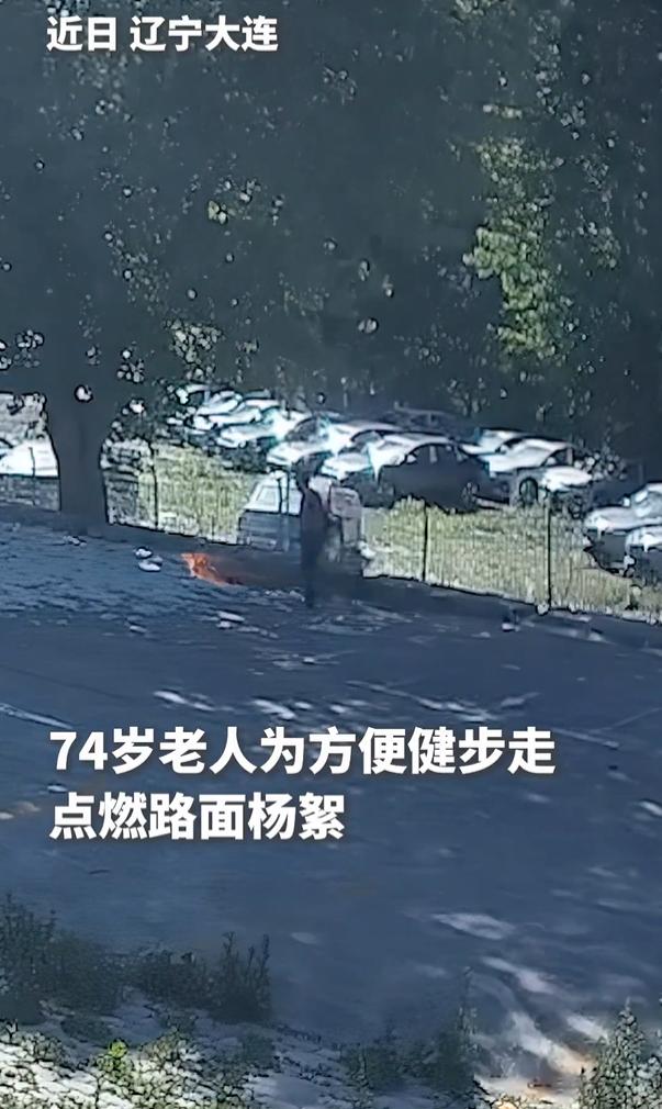 近日辽宁大连的一名74岁的老人为了清理路边满是杨树飞絮的通道，点燃了路边的杨树飞