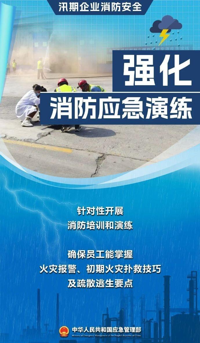 【汛期企业消防安全提示 】当前我国全面进入汛期，高温潮湿的环境会增加企业火灾、爆