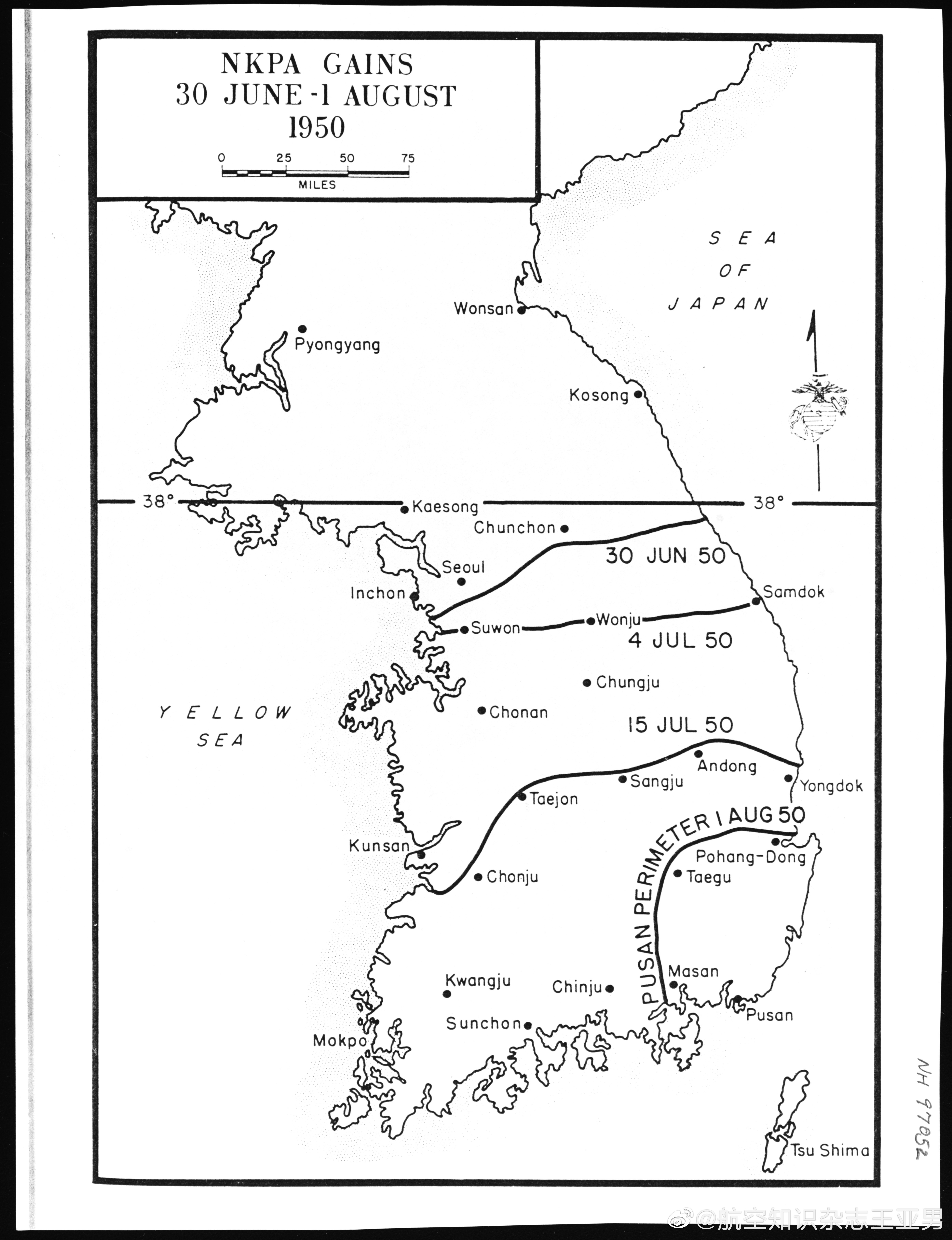 美军绘制的表现1950年6月30—8月1日期间朝鲜人民军进攻形势图。图中显示了近