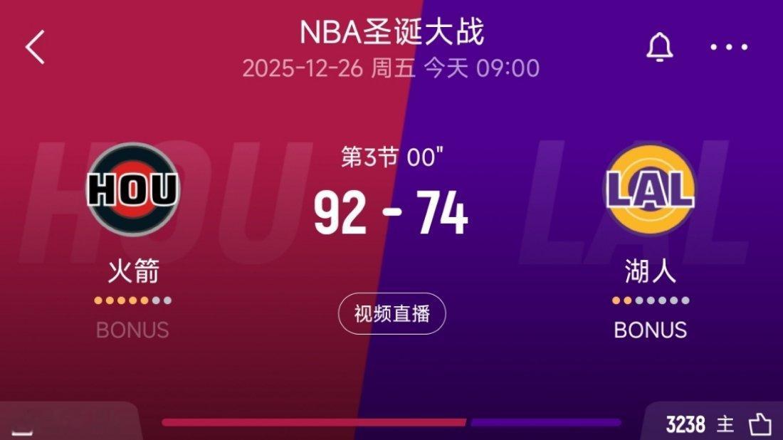 三节结束，火箭领先18分！火箭vs湖人nba圣诞大战