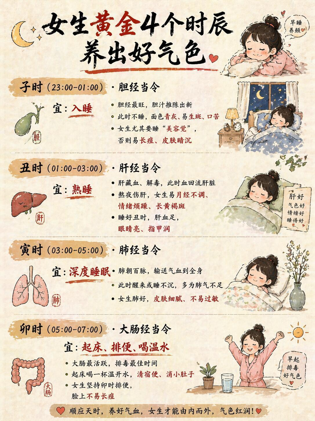 📝 女生十二时辰养生时间表，建议直接抄作业！
✅ 子时 (23-1 点)：入睡