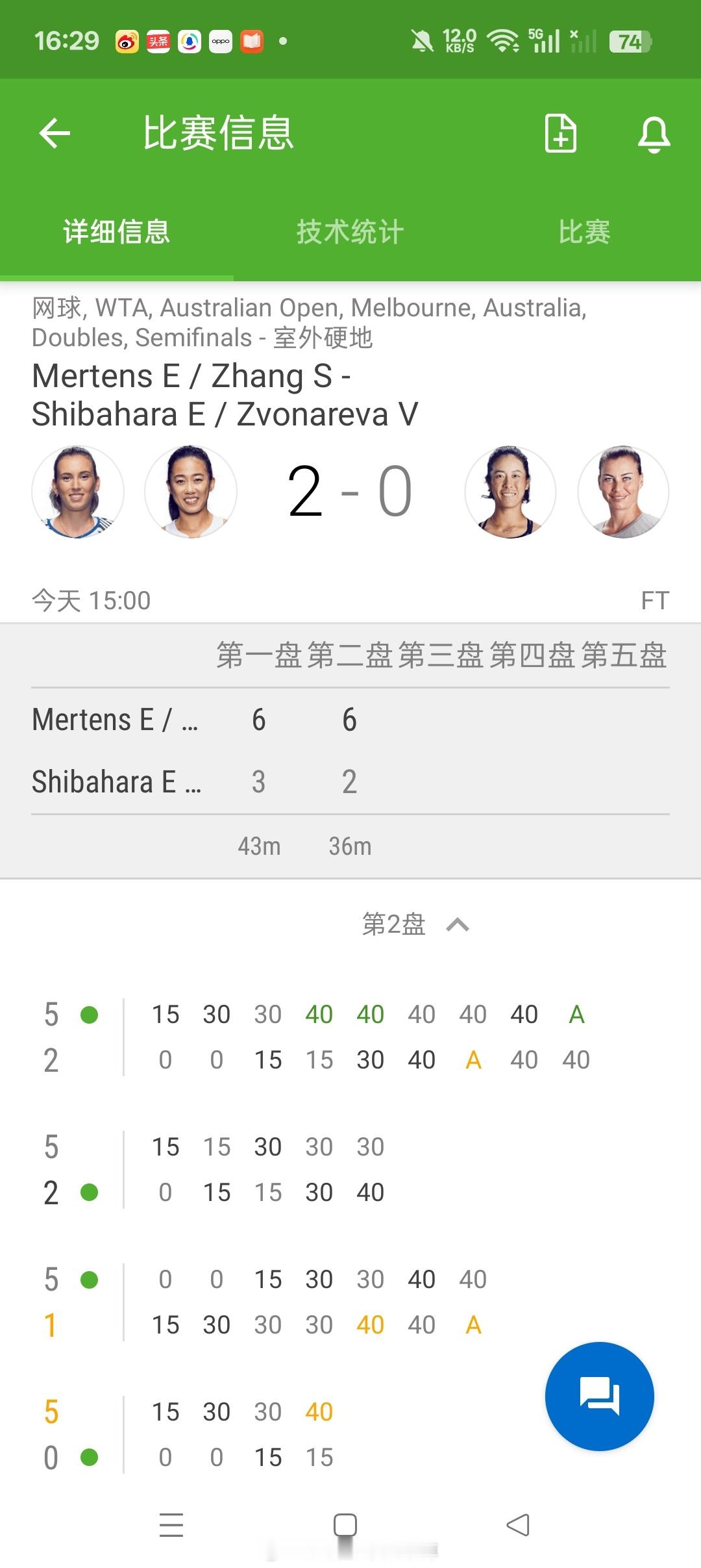 【澳网】女双半决赛🇨🇳张帅/🇧🇪梅尔滕斯6-3 6-2俄🇷🇺兹沃娜列