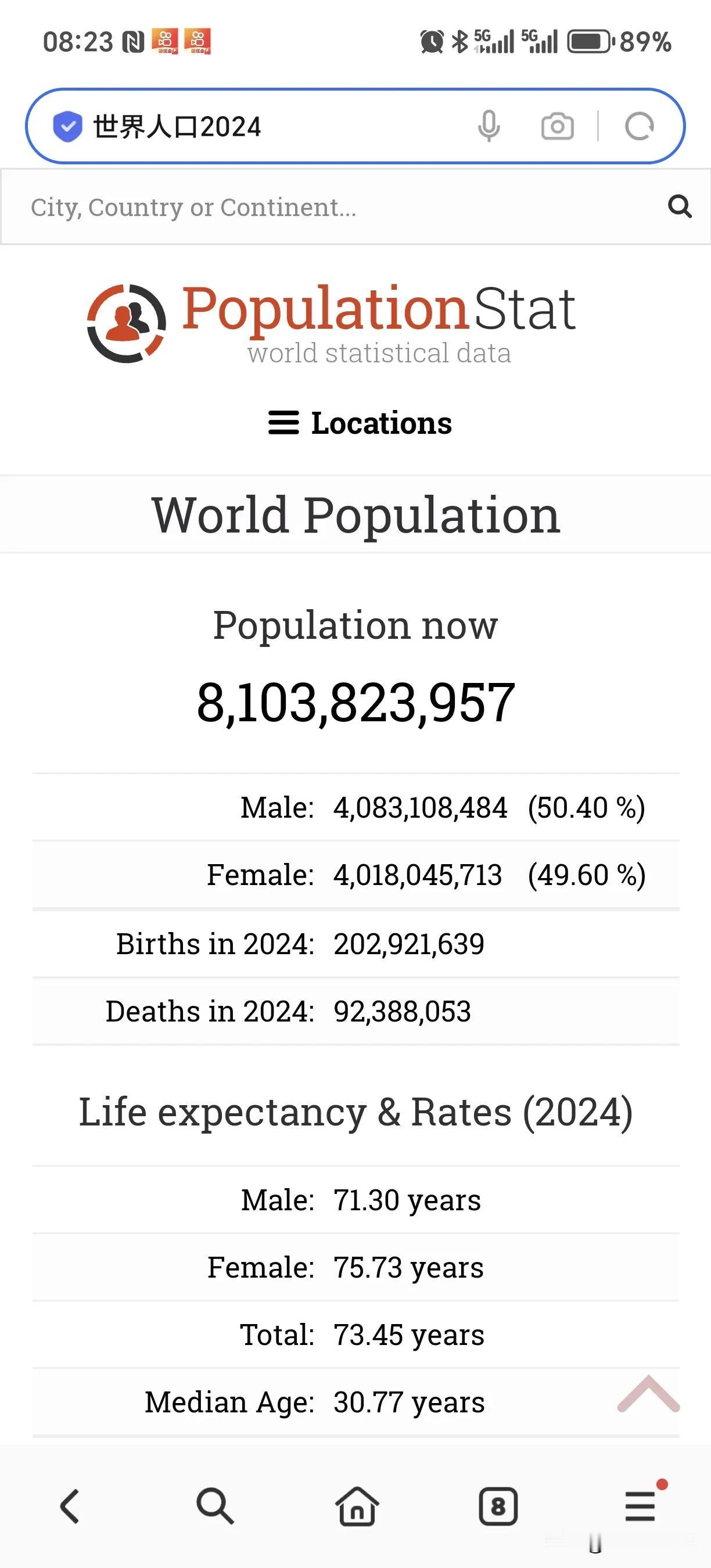 我今天发现了一个网站，统计实时世界人口数据的。从今天8:23-8:24短短一分钟