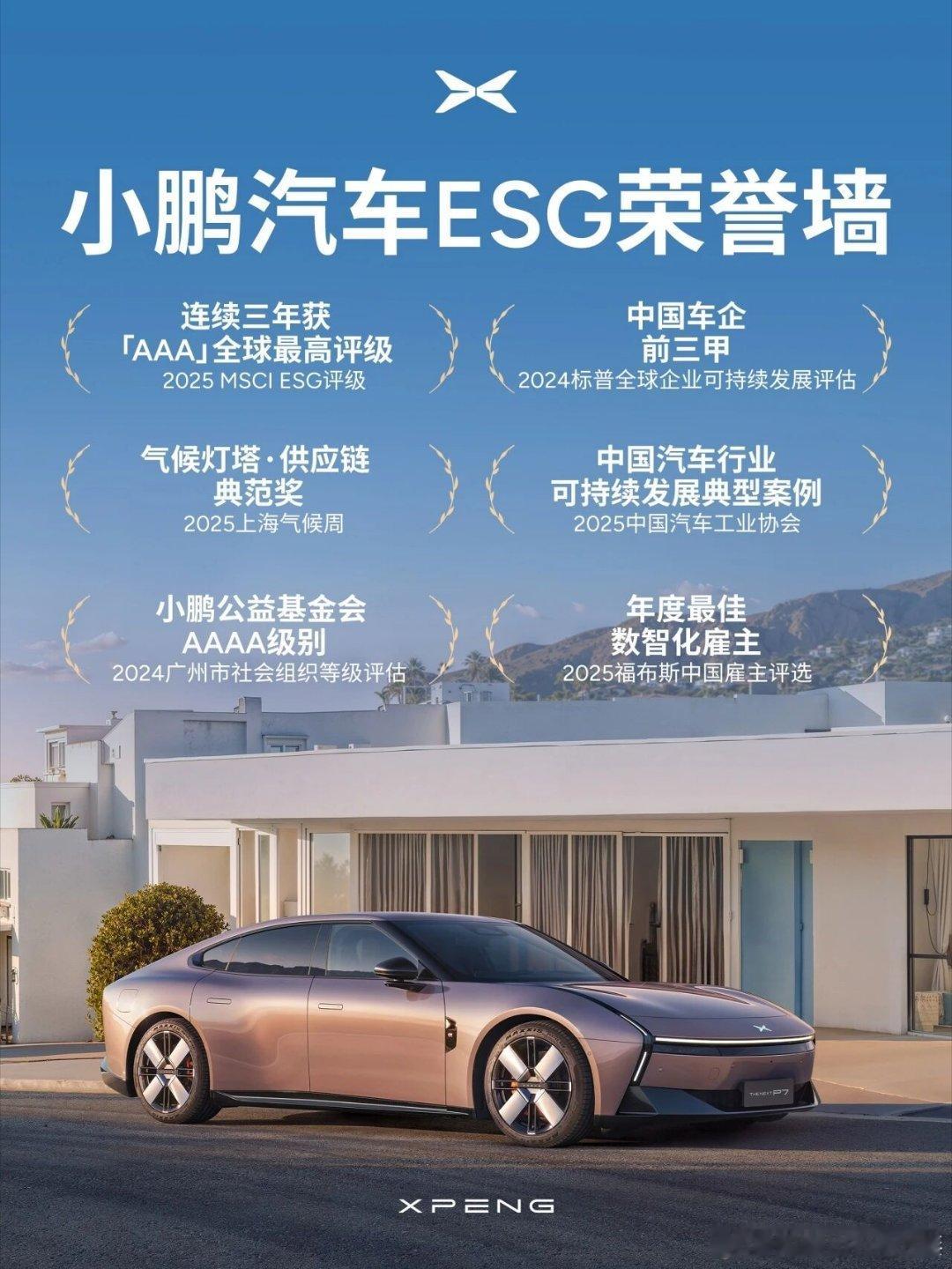 小鹏汽车又双叒拿奖啦！国际权威指数公司MSCI公布最新ESG评级，小鹏汽车连续三