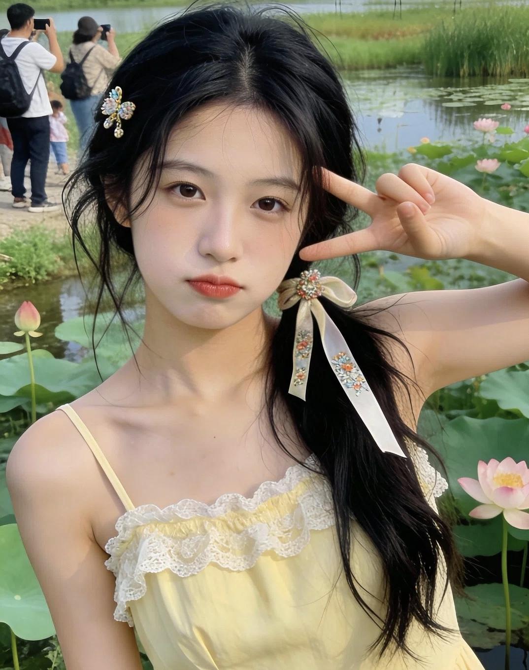 夏日荷塘少女，清新自然，美如画卷。什么样的女生，惹人爱