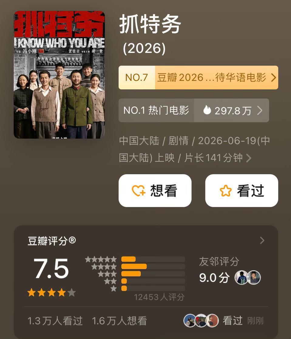 抓特务开分7.5 《抓特务》豆瓣开分7.5，是冯小刚自《芳华》之后唯一一部豆瓣评