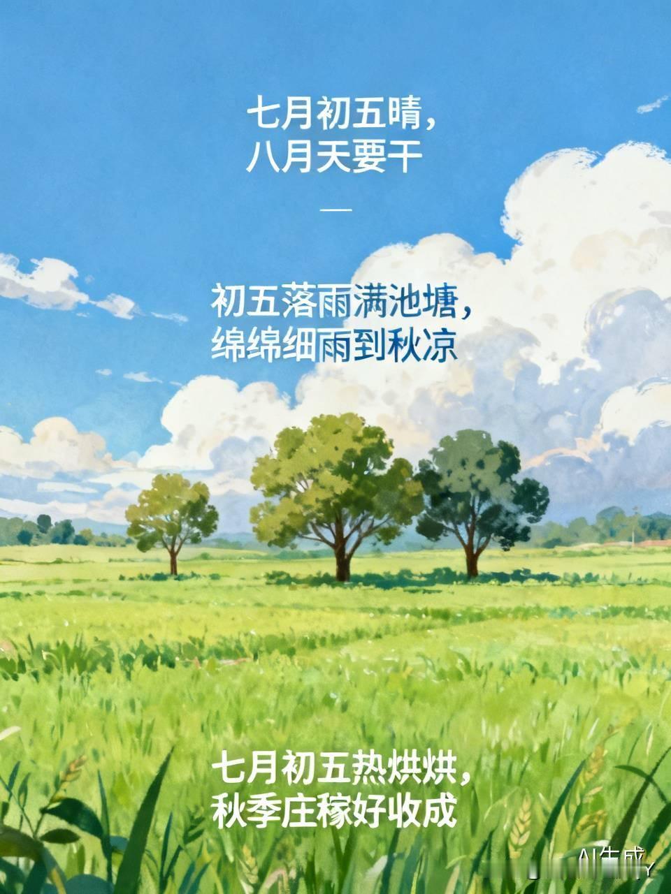 今天是七月初五民间俗语有
1. 一年旱涝，就看七月初五
​
2. 七月初五晴，八