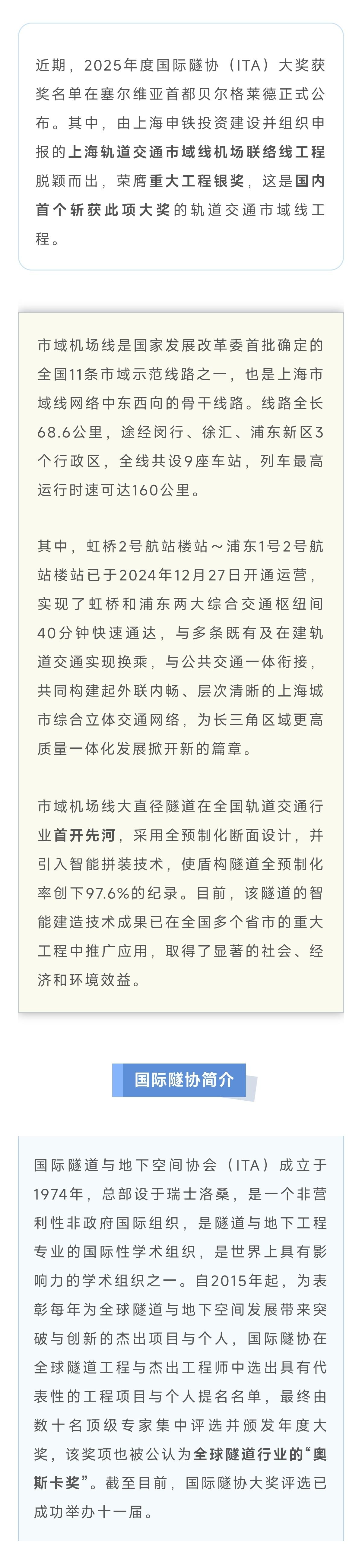 【本市这条轨道交通线路荣获全球隧道行业“奥斯卡奖”】近期，2025年度国际隧协（