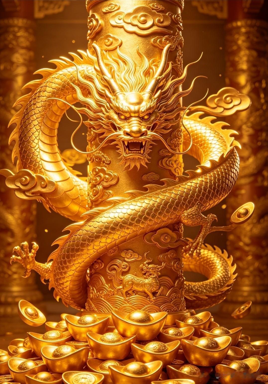 金龙盘玉柱，元宝聚满堂。