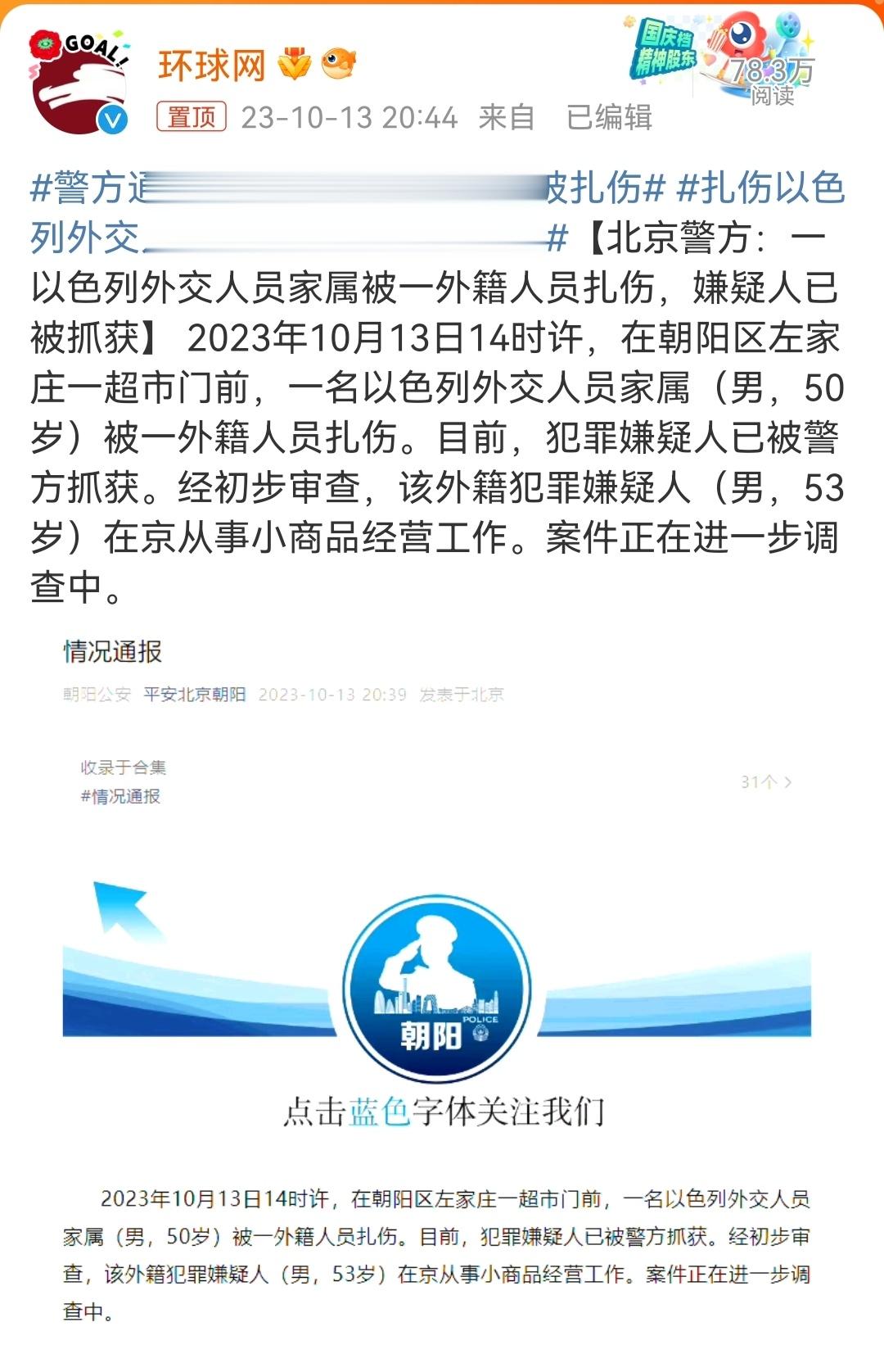 #警方通报以色列外交人员家属被扎伤##扎伤以色列外交人员家属的嫌疑人被抓获#离谱
