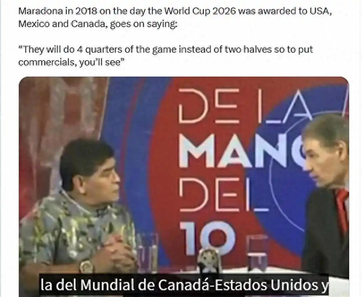 8年前马拉多纳说美国会把足球切成四节卖广告，全世界都笑了，今天笑不出来了
 
2