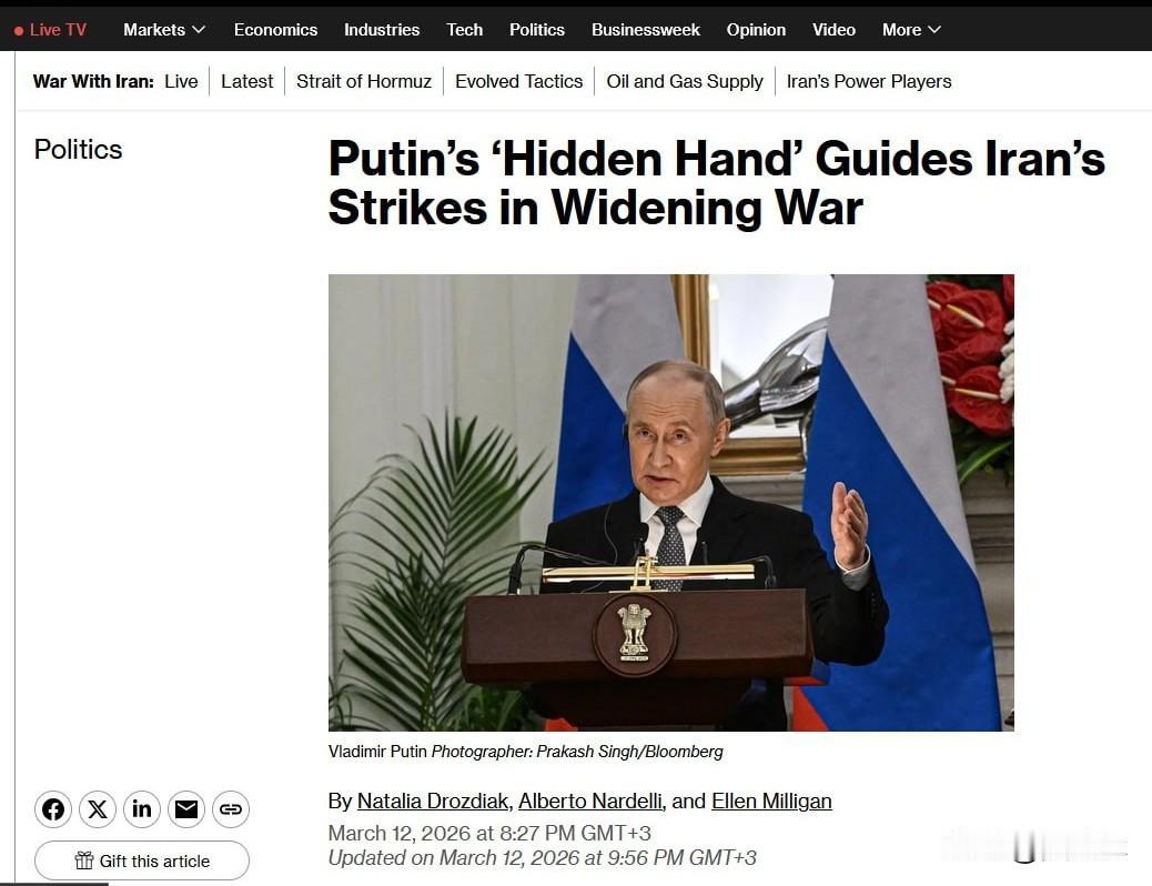 “普京的幕后之手”：彭博社称俄罗斯协助伊朗打击美国及其盟友
 
彭博社援引西方情