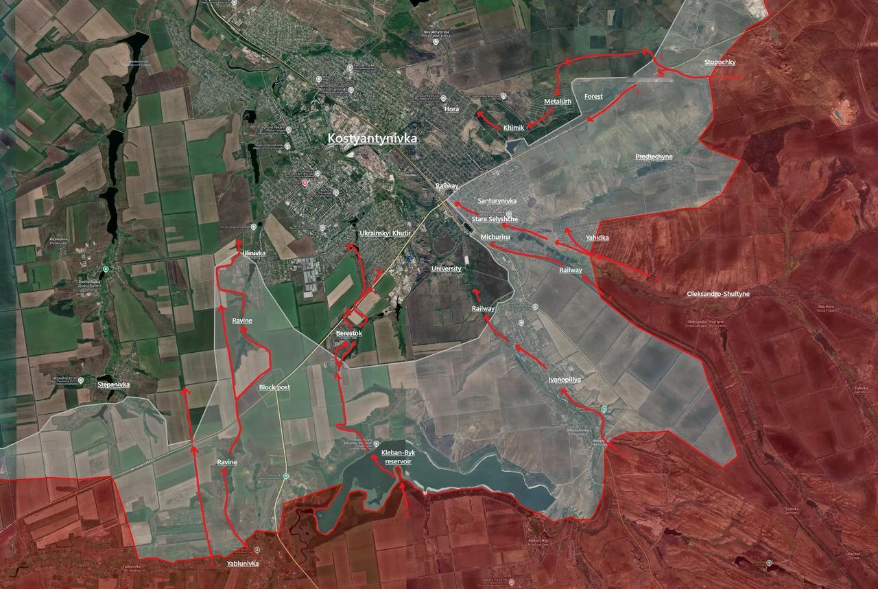 康斯坦丁诺夫卡战线，俄持续保持对乌军压力。但未取得实质进展。图中红色箭头是俄军渗