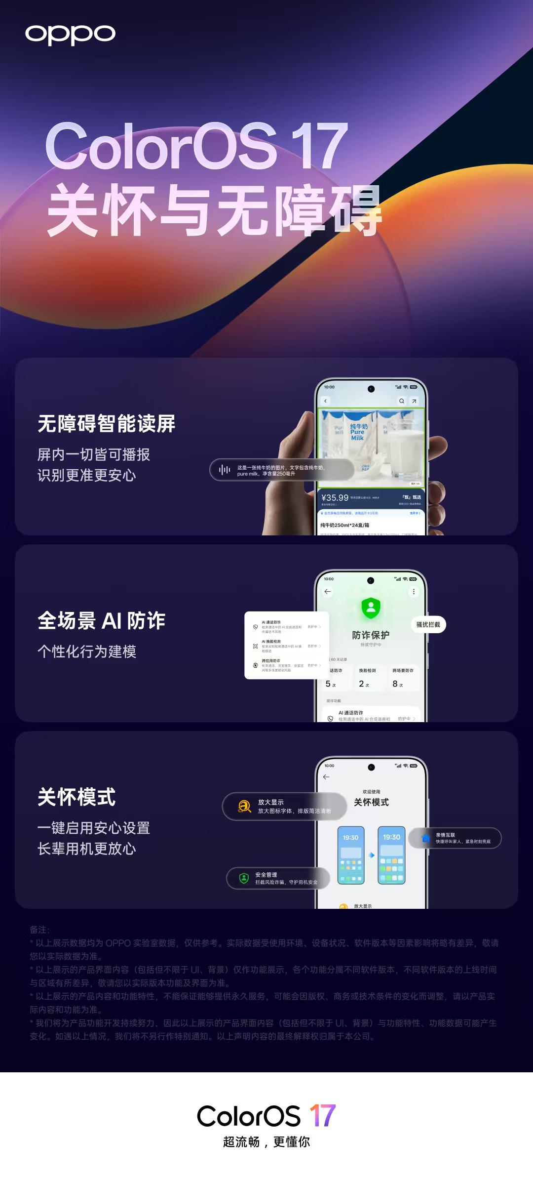 ColorOS 17 带来全新「关怀模式」，一键开启后自动调整为更大字体、更清晰