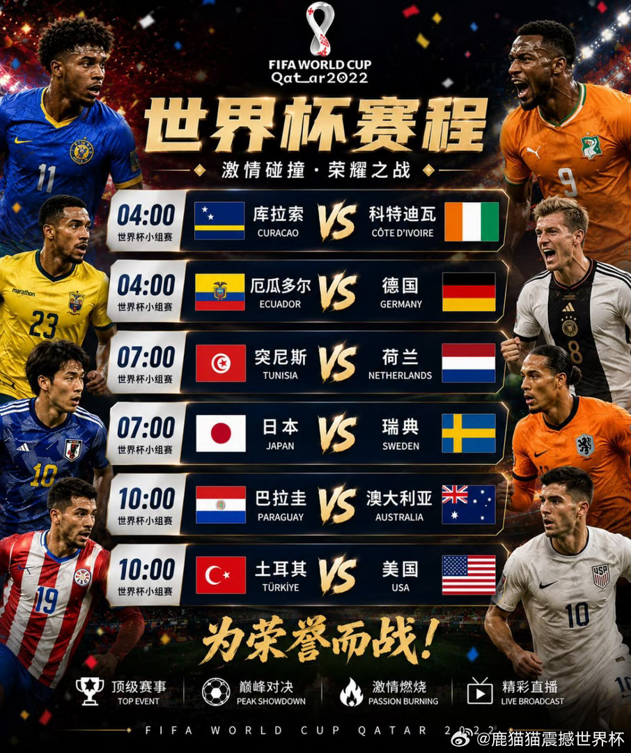 🏆 世界杯小组赛今晚焦点赛事抢先看👇⏰ 04:00🇨🇼 库拉索vs科特迪