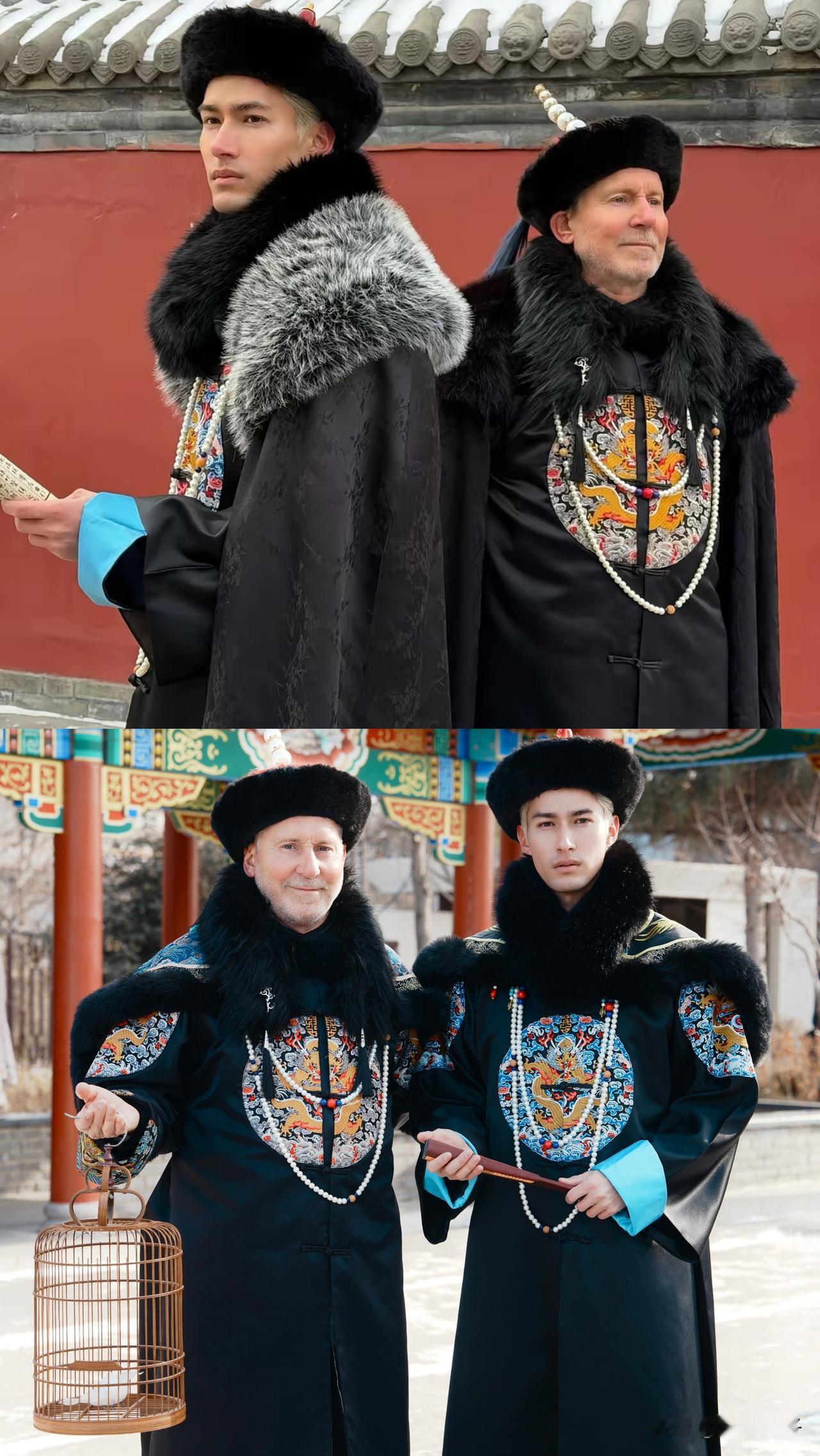 1月18日混血歌手米卡，发了一组和老爸在沈阳故宫，拍摄的清装写真[偷笑]！

你