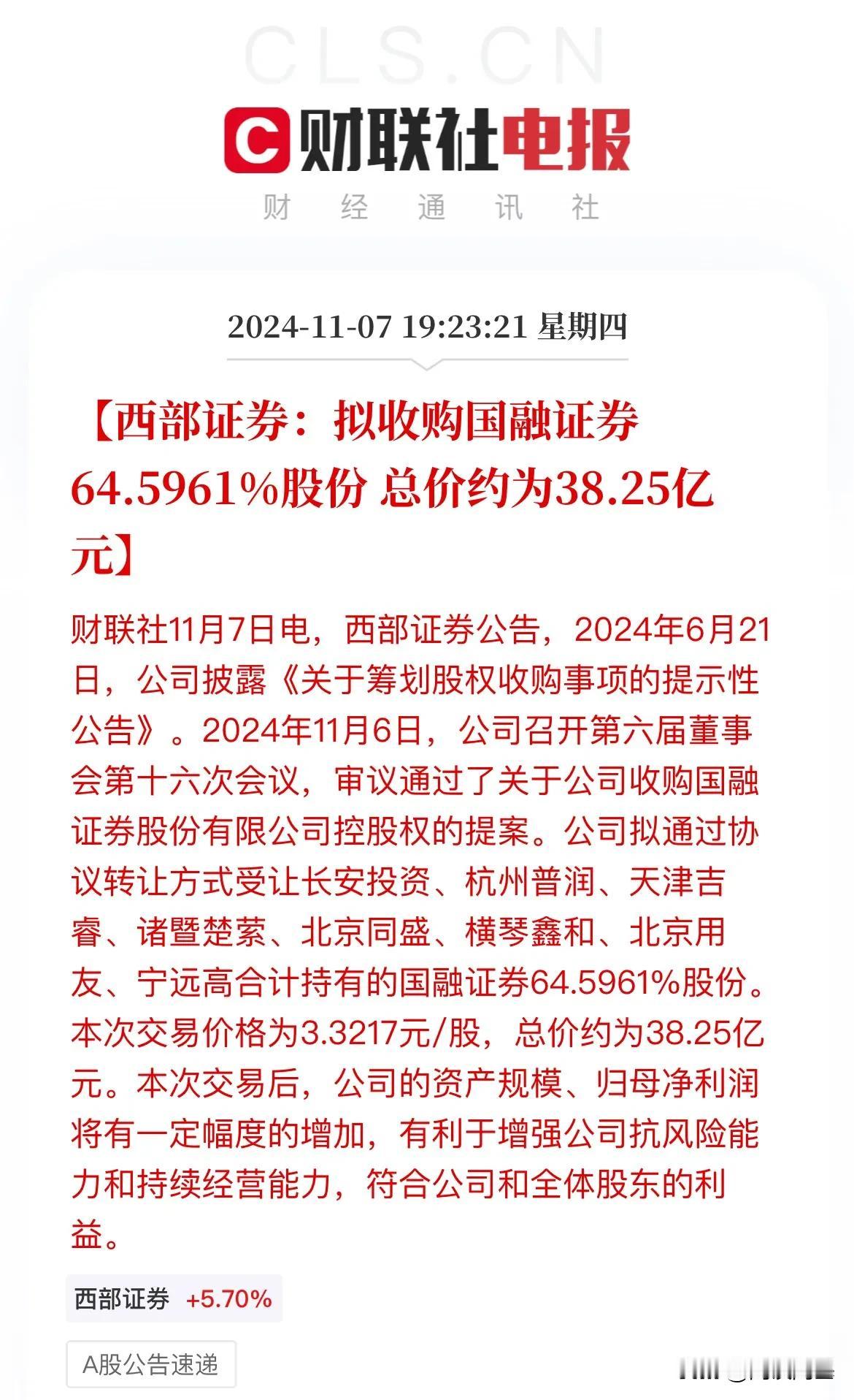 重磅：重组继续！

11月7日晚，西部证券发布公告，拟收购国融证券64.5961