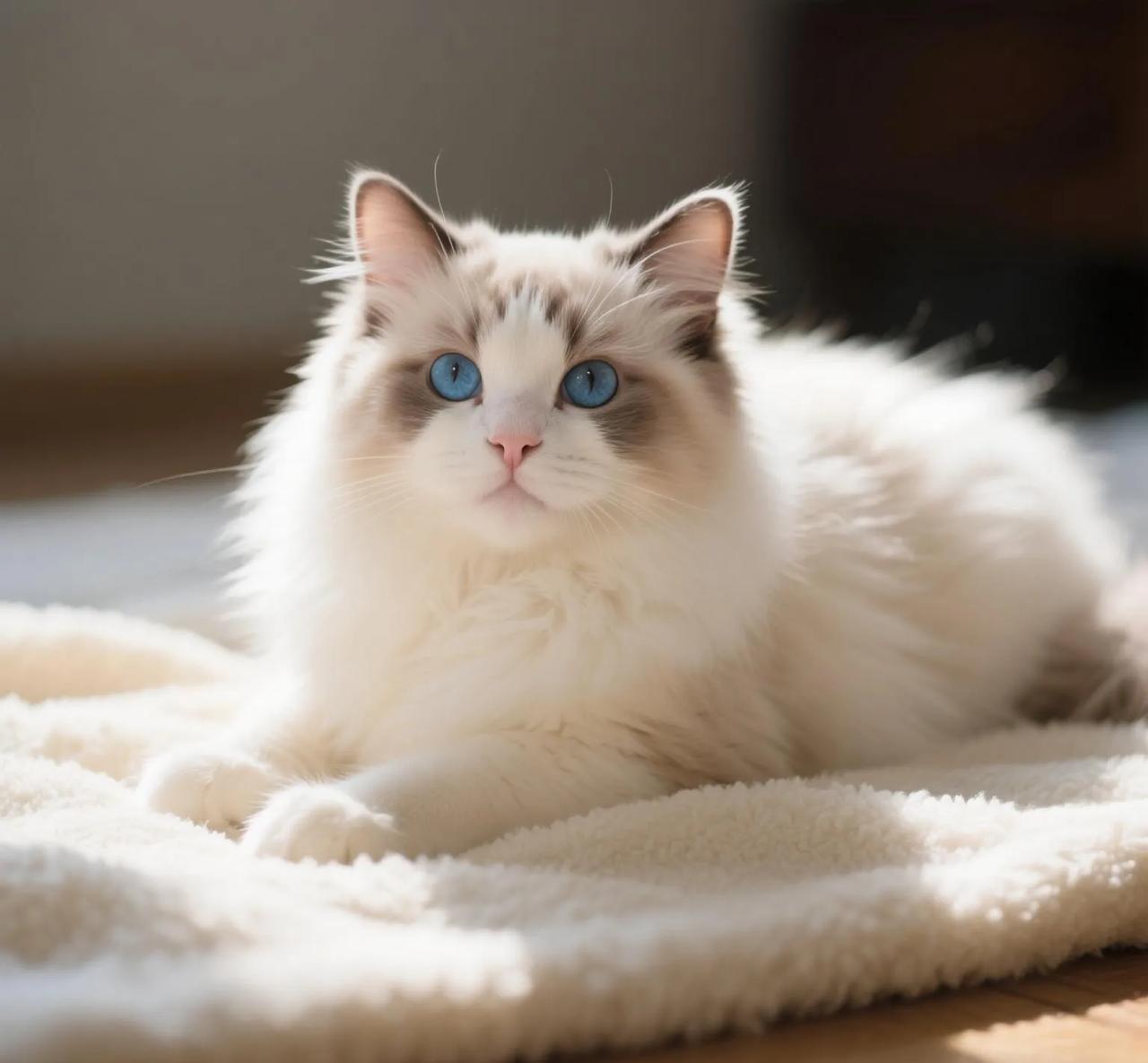 你拍过哪些好看的猫咪照片阳光悄悄溜进房间，轻柔地落在毛毯上。一只布偶猫静静卧着，