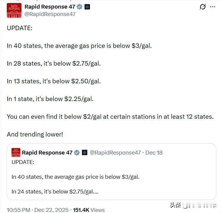最新：

40个州的平均汽油价格低于每加仑3美元；

28个州低于2.75美元；