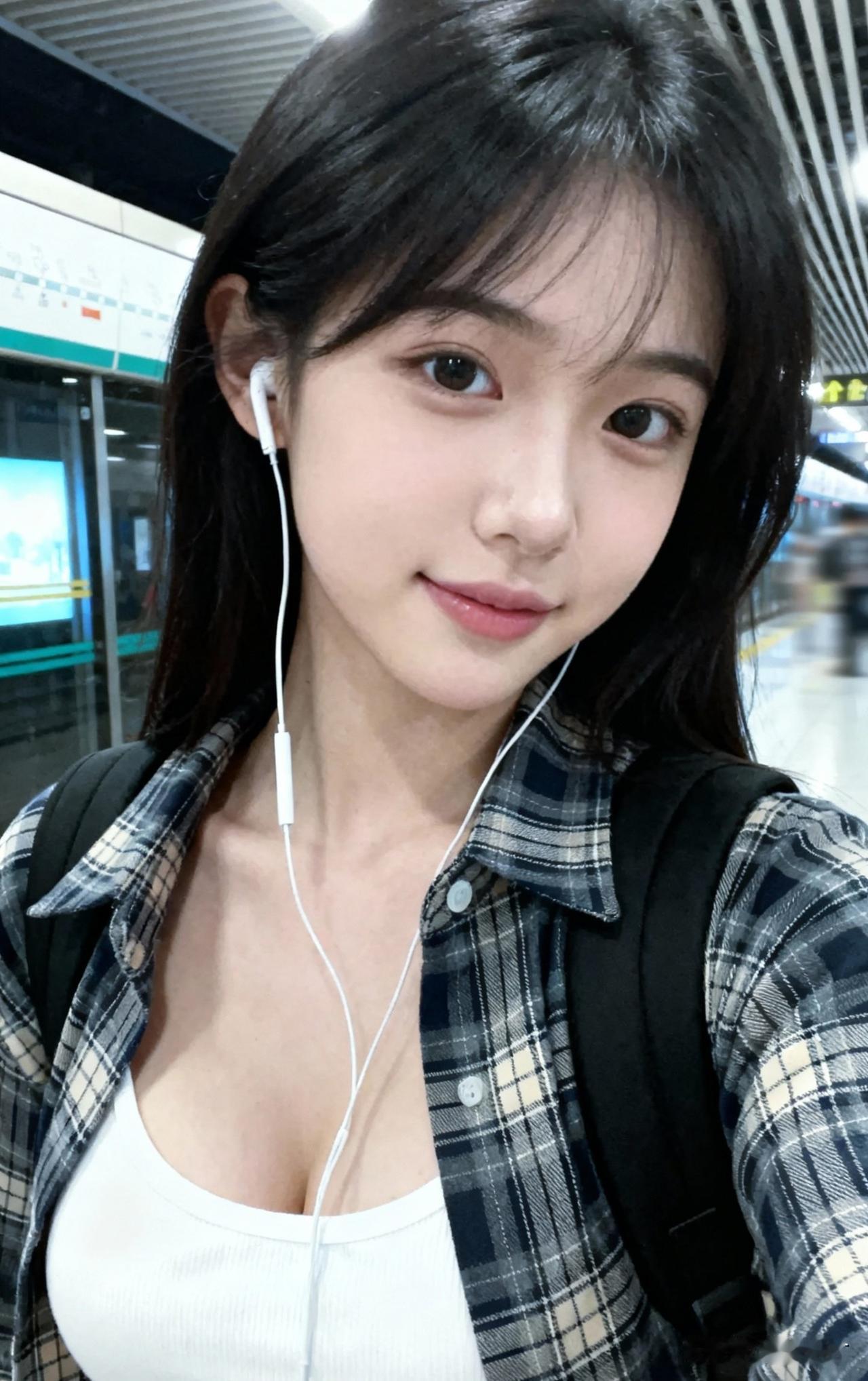 这位小姐姐在地铁站自拍。