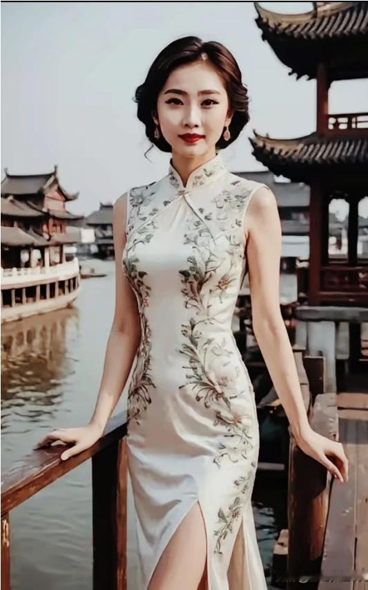 江南旗袍韵
  白缎裁裙映水柔，
青花绣缕绕肩头。
画楼依水凝眸立，
满面春风情