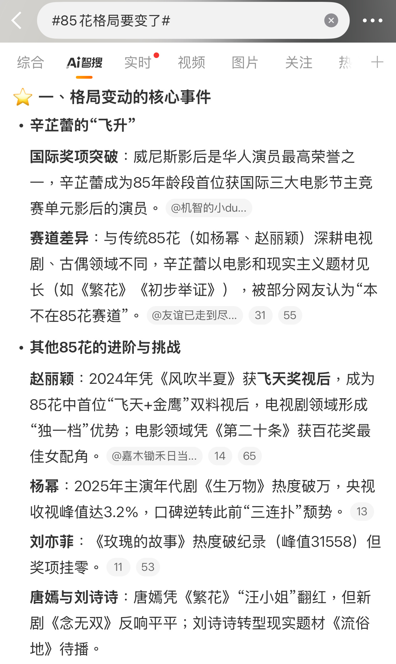 辛芷蕾拿奖后，咖位飞升，现在是 85 花一姐了吧？刘亦菲目前奖项挂零！[淚奔][
