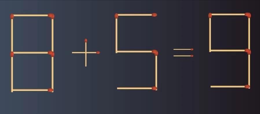 这是一道有趣的火柴棍数学谜题。当前等式“8 + 5 = 9” 不符合常规运算结果