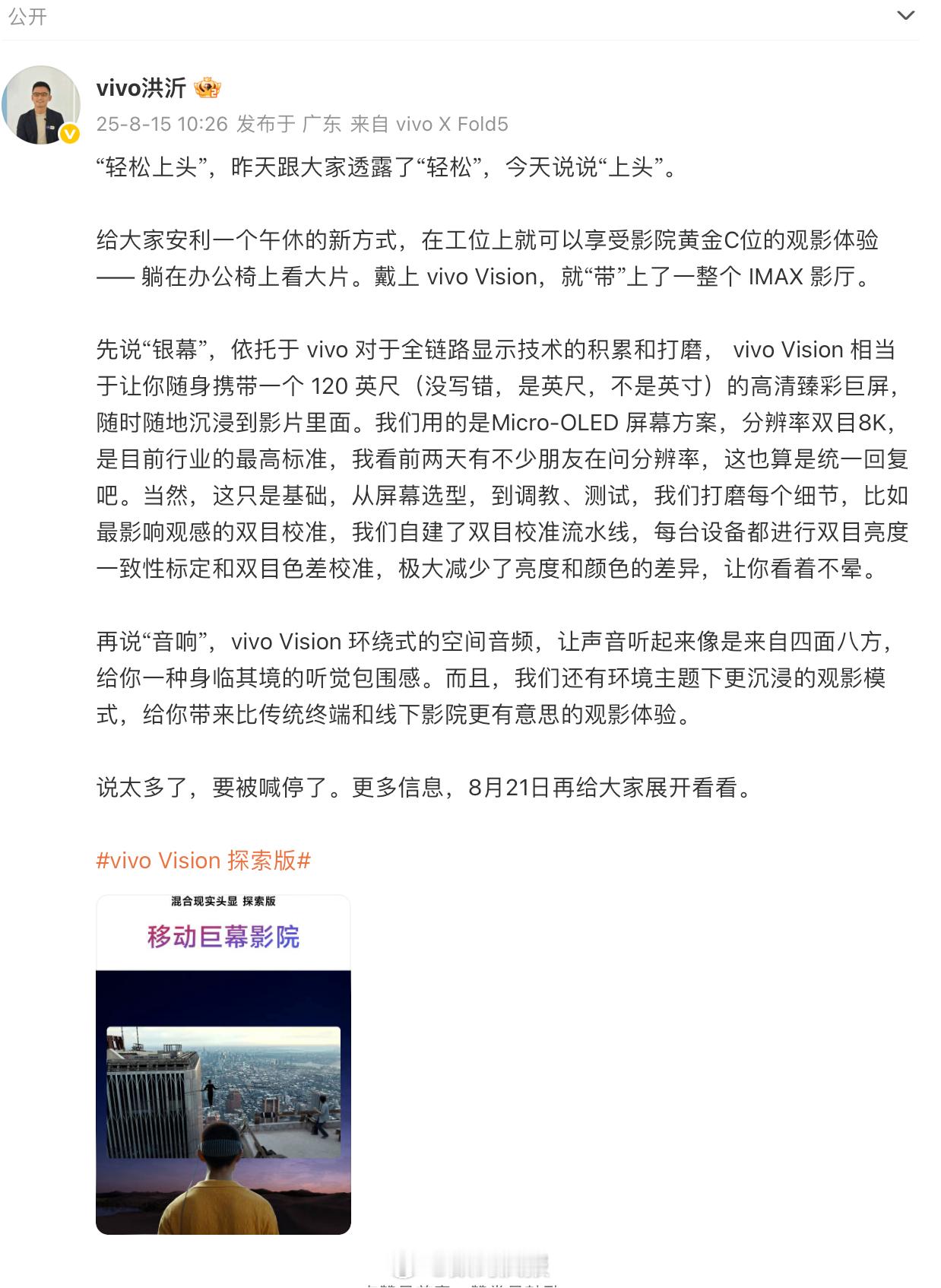 vivo visonMicro-OLED 屏幕分辨率双目8K环绕式空间音频120