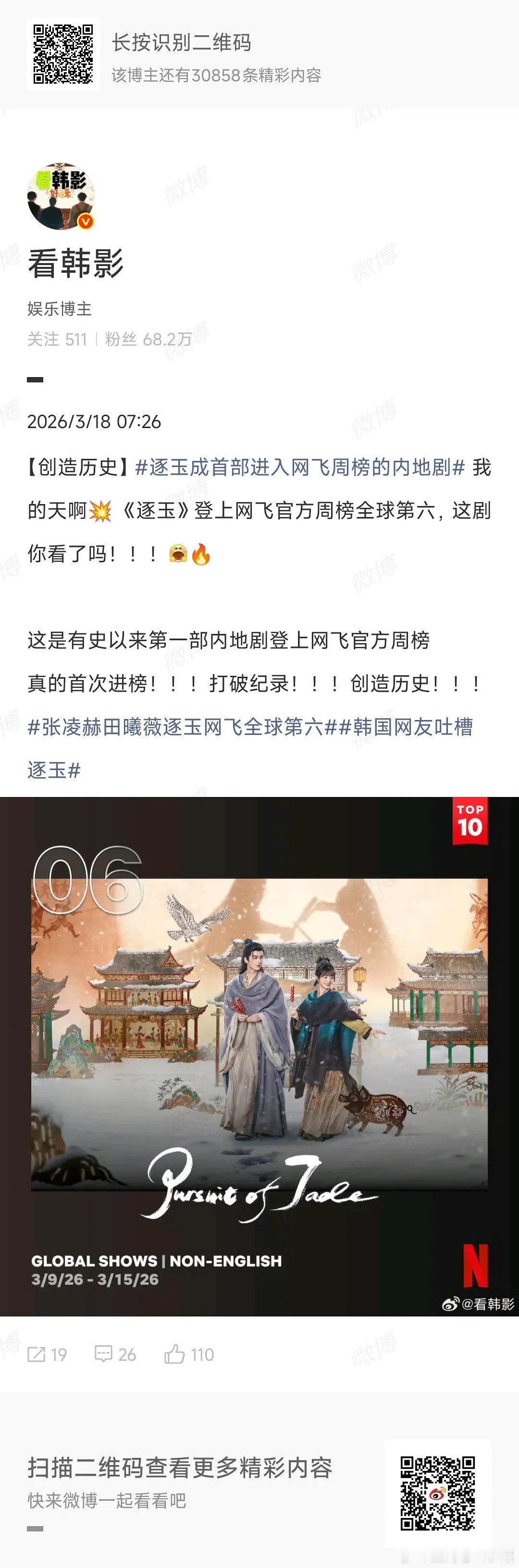 逐玉网飞全球周榜第6，国剧出海创造历史？但好像只是非英文剧的周榜而已 