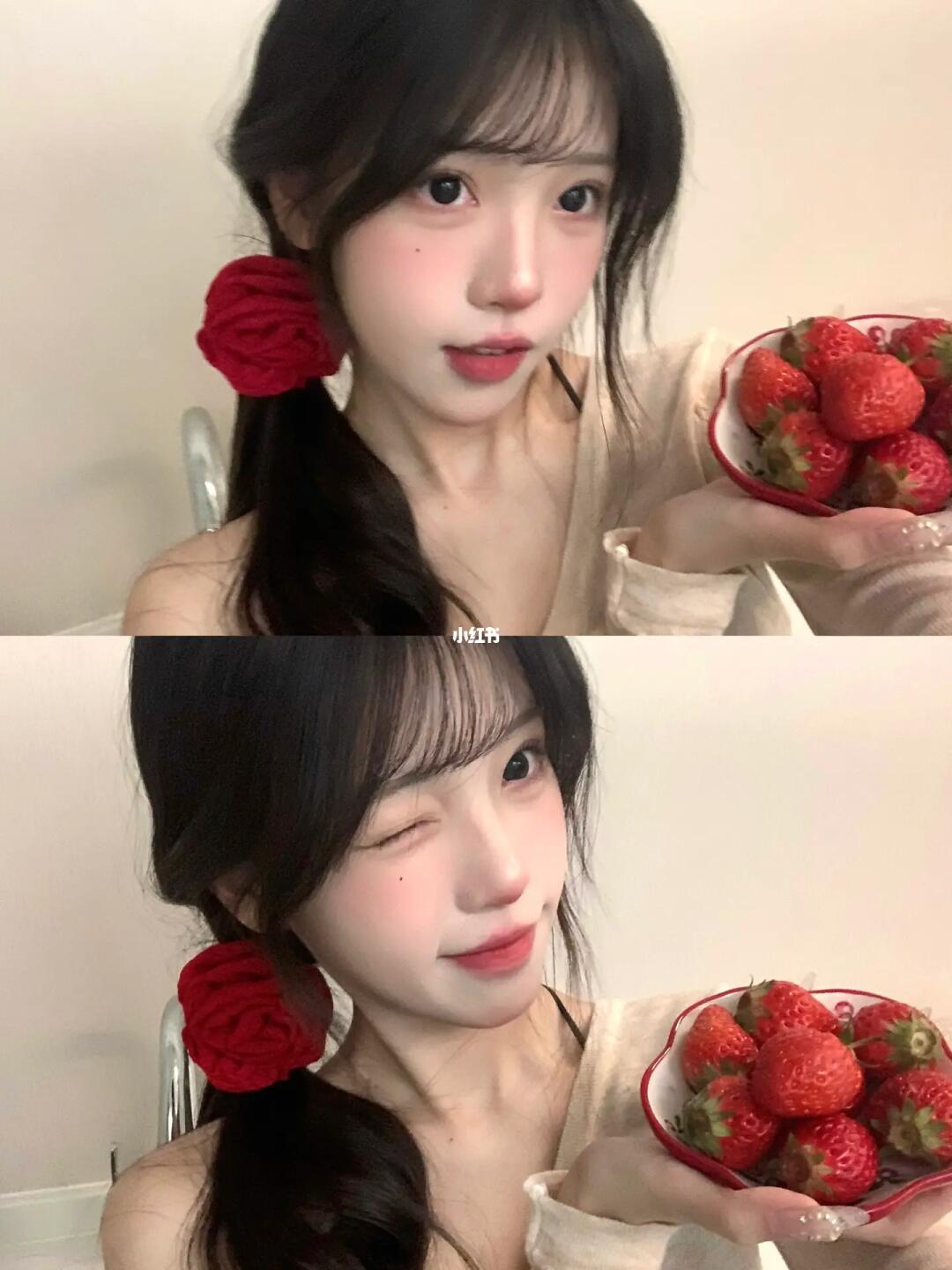 韩女宅家草莓拍照🍓🍽️