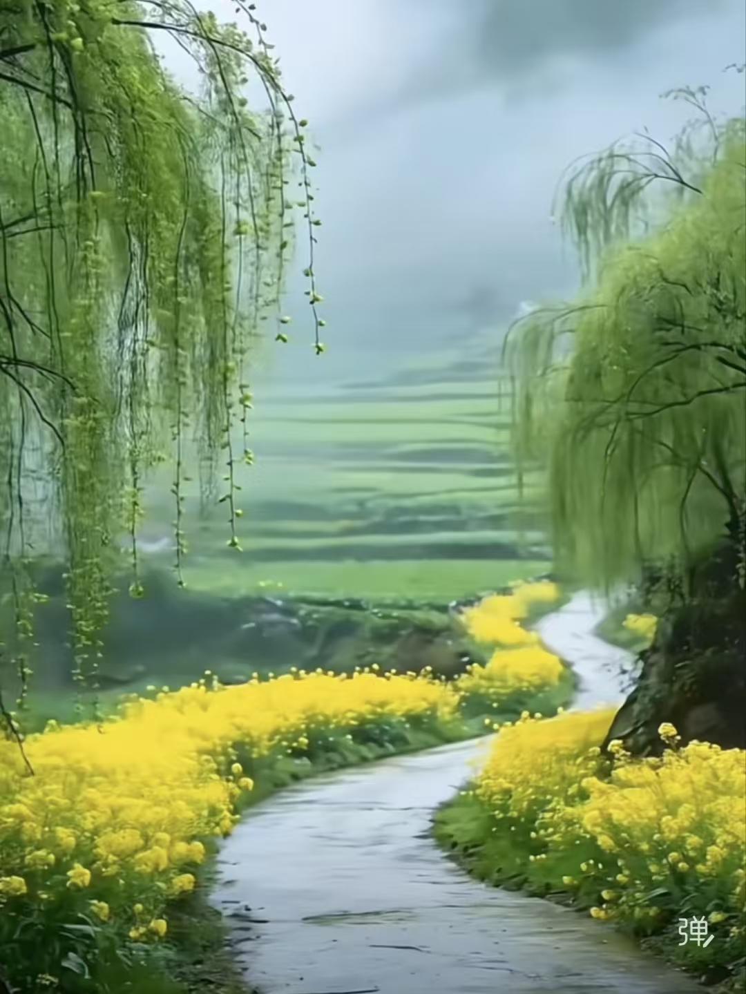 天净沙·江南春景
暖风轻拂枝新，
一宵苏浙皆青。
绿树黄花共映。
琴声幽听，
春