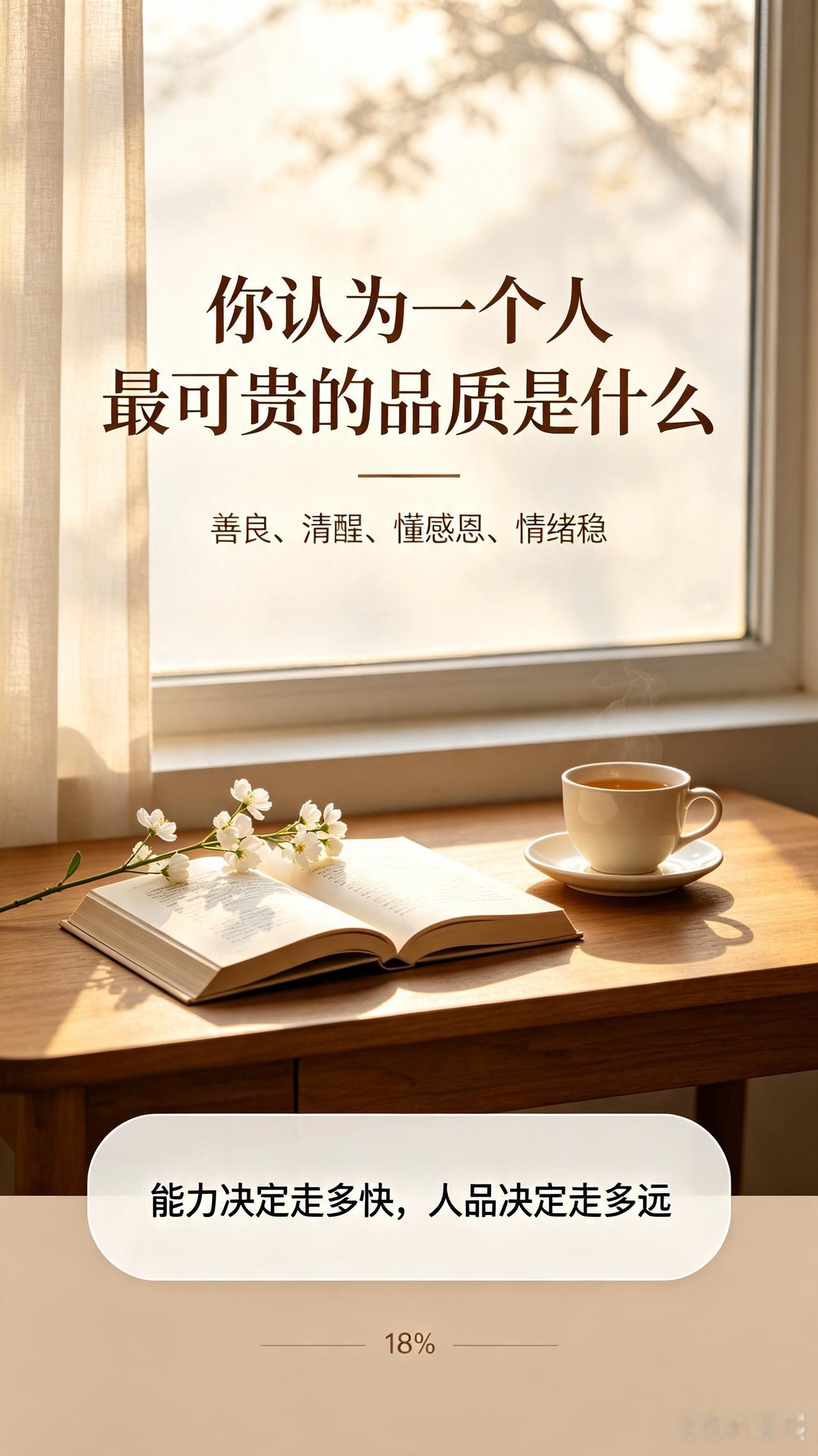 人这一生，能力决定你能走多快，人品决定你能走多远。世间所有优秀的特质里，最难得、
