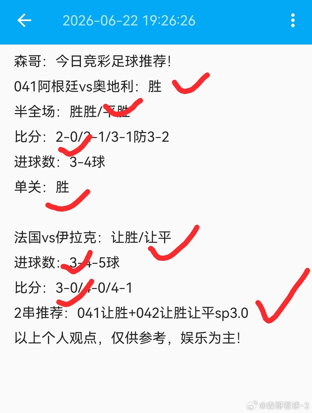 昨日足球赛事预测回顾，收麻了的一天阿根廷2-0奥地利，梅西梅开二度不负众望。法国