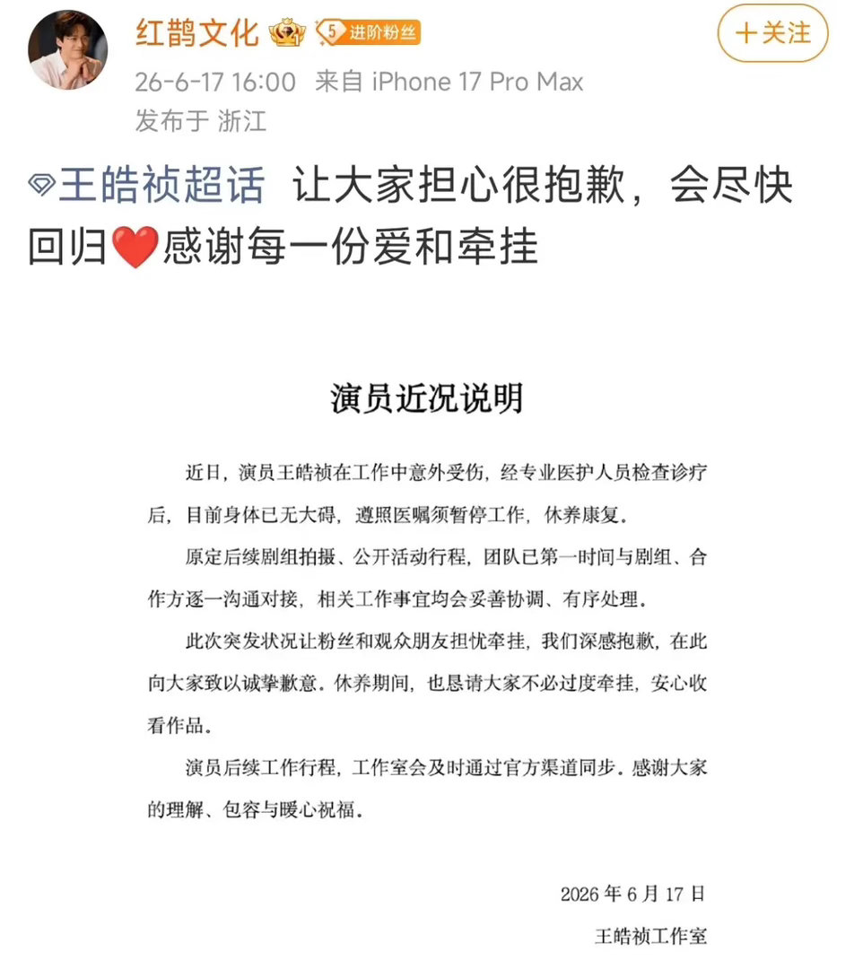 王皓祯、张晋宜和一航的《白裙之欢》停拍了。因为王皓祯在拍这部戏的时候受伤了，工作